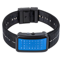 Modern black dog collar with blue electronic training device isolated on transparent background