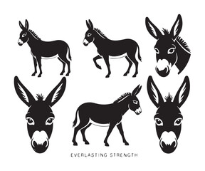 Obraz premium Collection of black silhouette donkey icons and heads on a white background