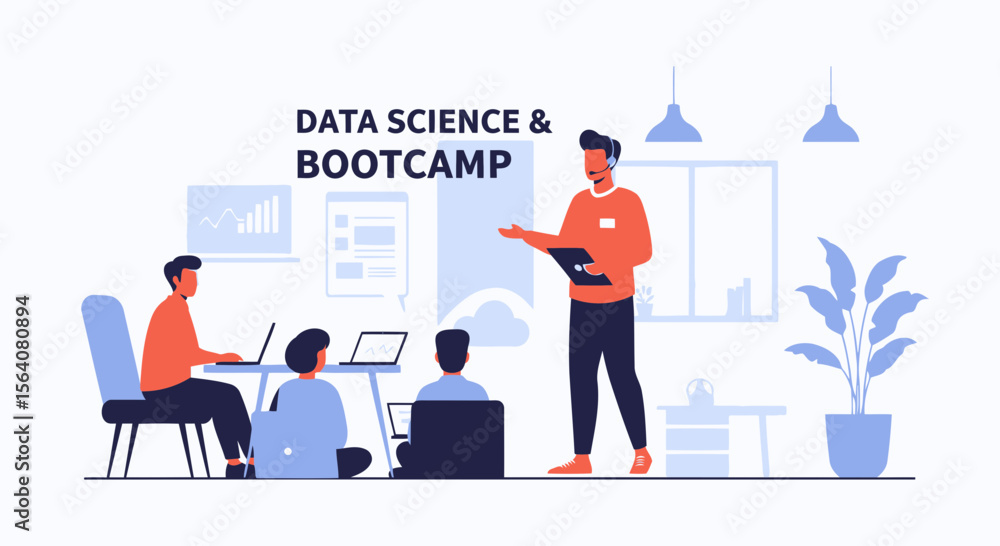 Poster enthusiastic data science instructor leading bootcamp training session for professionals