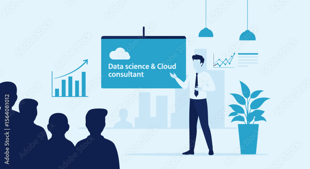 Poster expert data science consultant explaining cloud computing to an audience