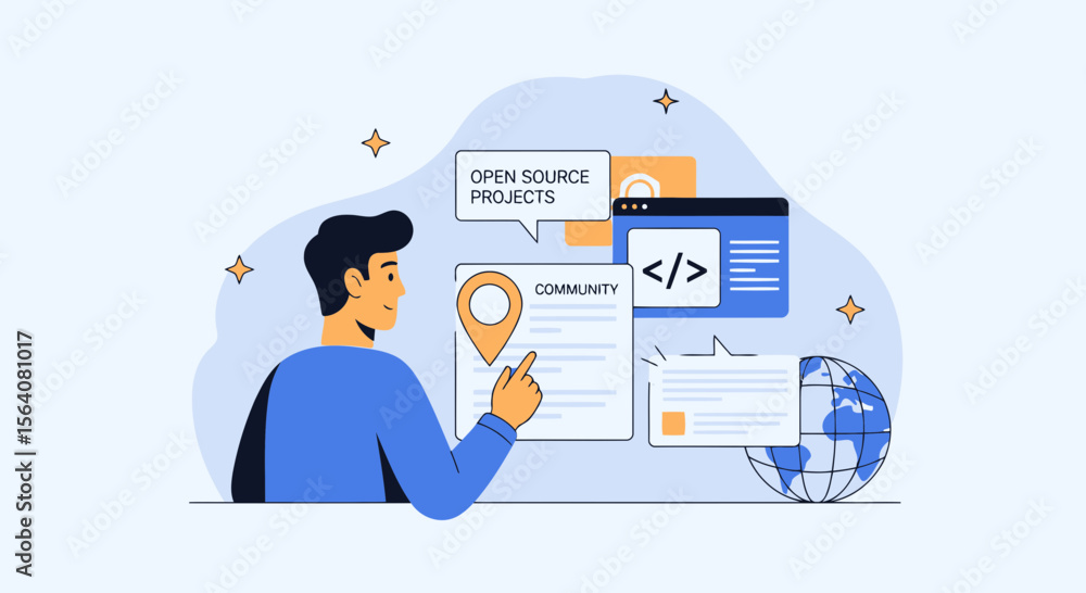 Poster engaging with open source projects and community development on a global scale