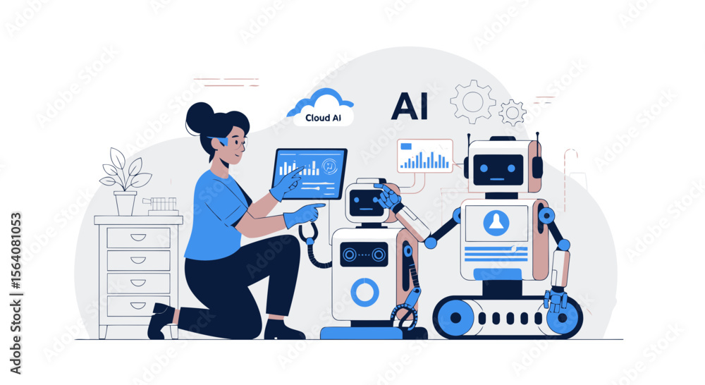 Poster engineer configuring artificial intelligence in a modern robotic engineering lab