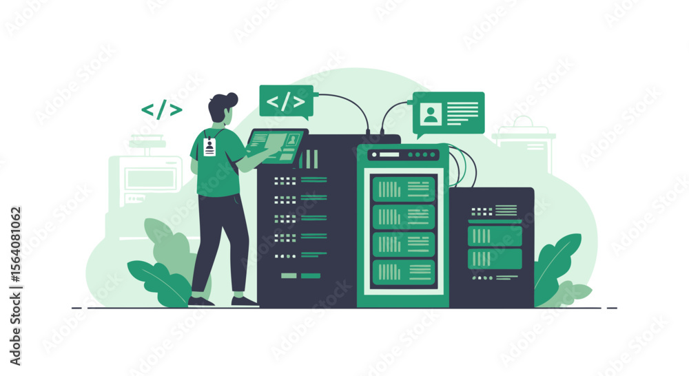 Poster engineer working on data center infrastructure for cloud computing platform
