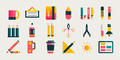 Set of different sketching tools images. Flat colorful isolated icons. Vector illustration.