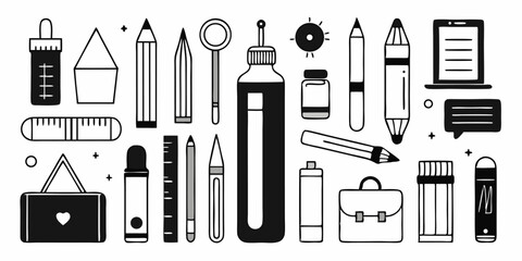 Set of different sketching tools icons. Flat line icons isolated on white background. Vector illustration.