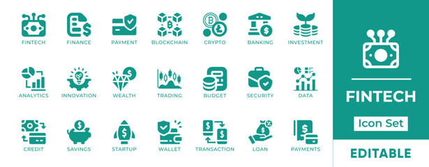 Fintech Icon Set. Features icons of digital banking, blockchain, mobile payments, online finance, and e-wallets. Perfect for apps, startups, and financial platforms.