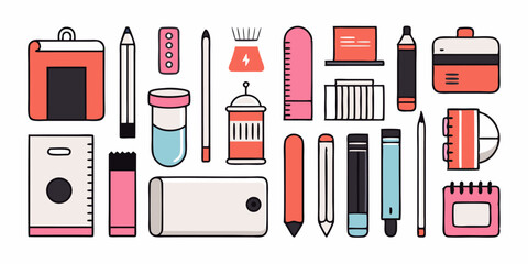 Set of different sketching tools icons. Flat line icons isolated on white background. Vector illustration.