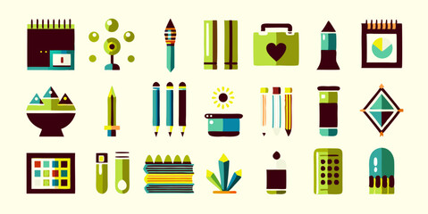Set of different sketching tools images. Flat colorful isolated icons. Vector illustration.