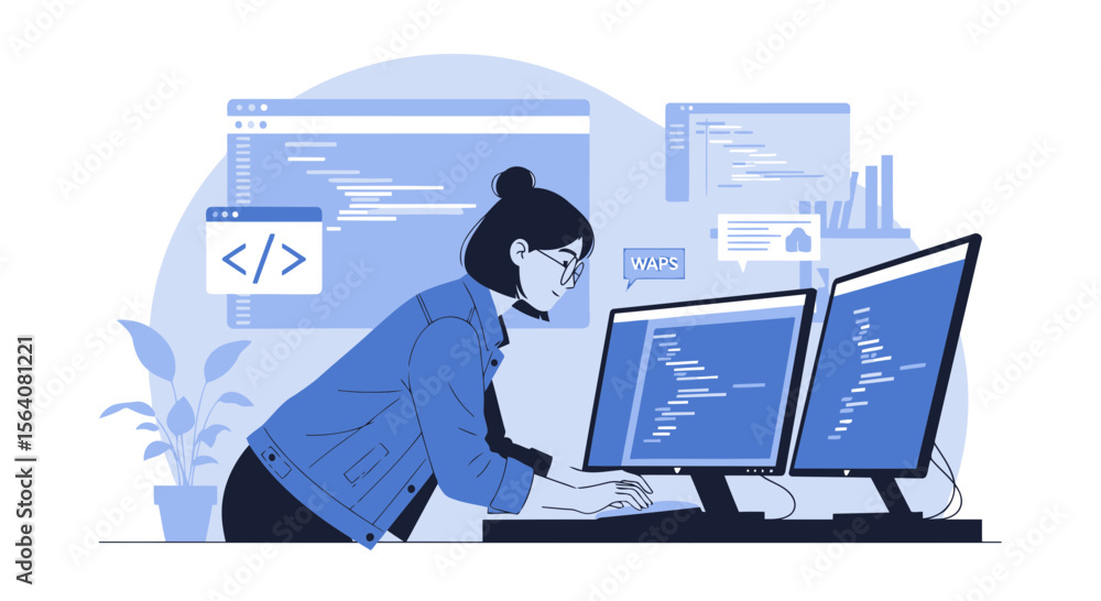 Poster female programmer working coding on multiple screens modern workplace