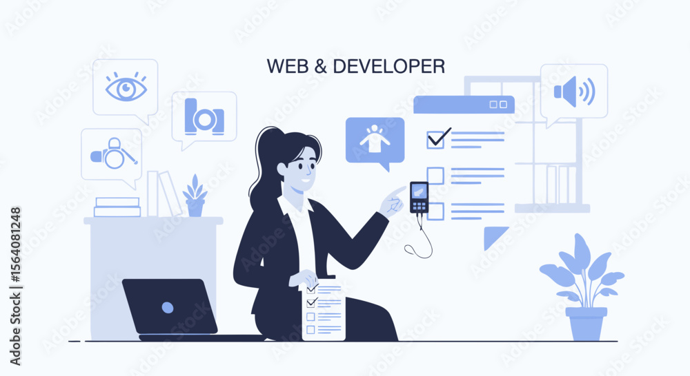 Poster female web developer planning software on desktop creating modern application