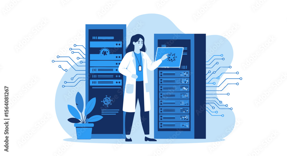 Poster female researcher analyzing viruses using advanced computer server technology
