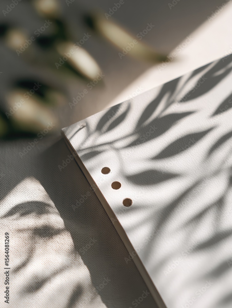 Poster a minimalist off-white notebook rests on a textured surface, dappled with leaf shadows cast by sunli
