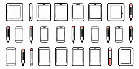 Set of different tablet and stylus icons. Flat line icons isolated on white background. Vector illustration.