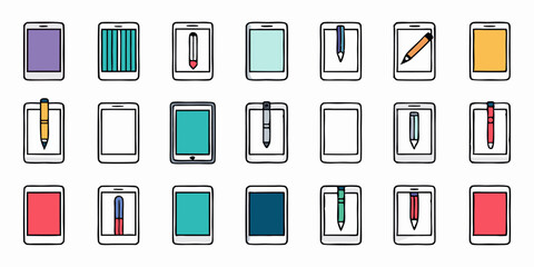 Set of different tablet and stylus icons. Flat line icons isolated on white background. Vector illustration.