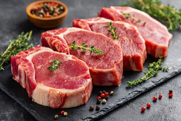 Fresh raw pork steaks with thyme and peppercorns ready for grilling