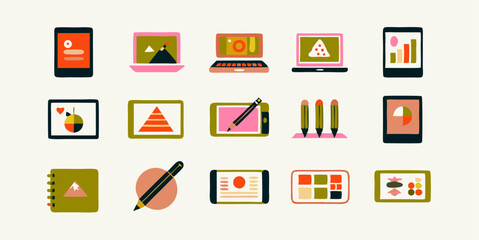 Set of different tablet and stylus images. Flat colorful isolated icons. Vector illustration.