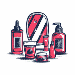 Hand drawn morning skincare routine image on white background. Vintage style. Vector illustration.