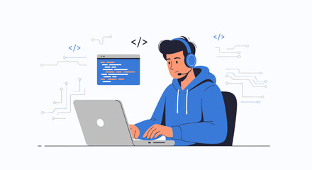 Focused Coder Working On Laptop With Headset In A Modern Digital Workspace