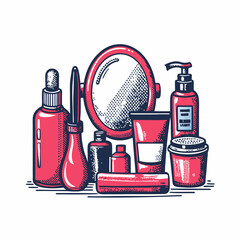 Hand drawn morning skincare routine image on white background. Vintage style. Vector illustration.