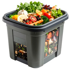 Kitchen compost bin filled with organic food scraps and fresh vegetables isolated on transparent background