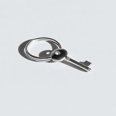 A minimalist silver key and keyring rests on a light gray surface, casting a subtle shadow.  The key's simple design emphasizes its functionality