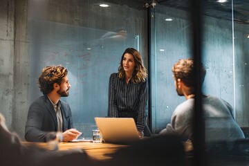 A woman leads a business meeting in a modern, dimly lit glass-walled office. Two men listen attentively as she speaks, a laptop and notes on the table