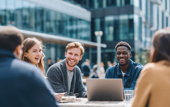 Diverse group of young adults smiling, engaged in conversation outdoors at a table with a laptop, amidst a blurred cityscape backdrop - Powered by Adobe