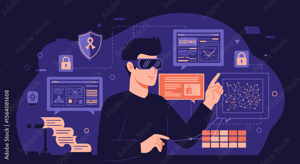 Poster future technologies man with vr glasses coding system and network interface