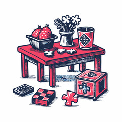 Hand drawn picnic image on white background. Vintage style. Vector illustration.