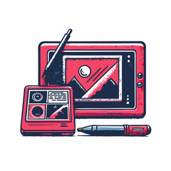 Hand drawn tablet and stylus image on white background. Vintage style. Vector illustration.
