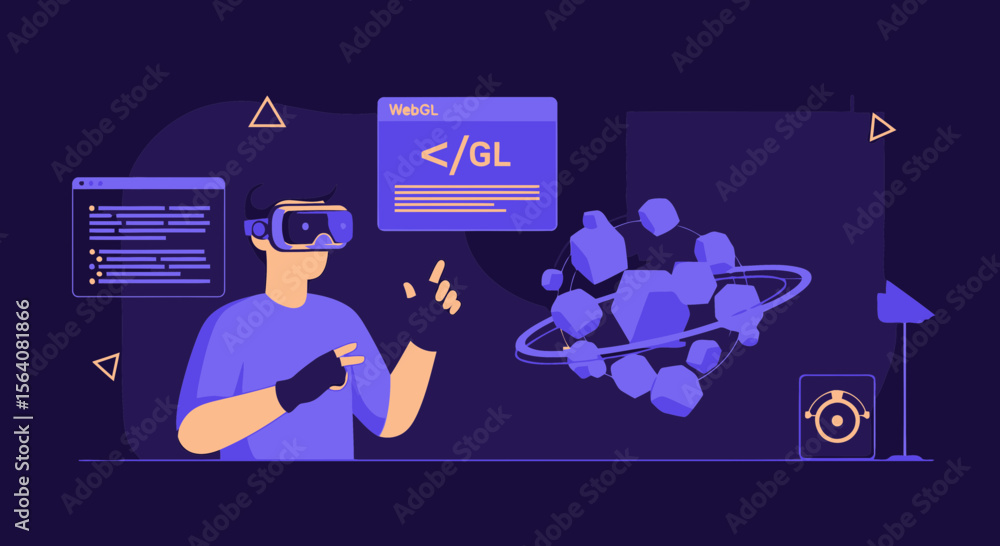 Poster immersive tech exploring digital reality environment with virtual reality headset and holographic