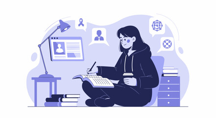 Girl Studying At Home With Laptop And Books Surrounded By Digital Bubbles