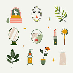 Set of different morning skincare routine watercolor icons. Flat images on white background. Vector illustration.