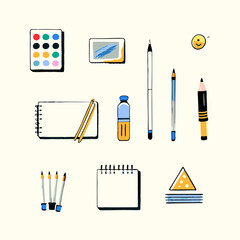 Set of different sketching tools watercolor icons. Flat images on white background. Vector illustration.