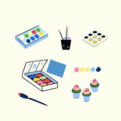 Set of different brushes and paints watercolor icons. Flat images on white background. Vector illustration.