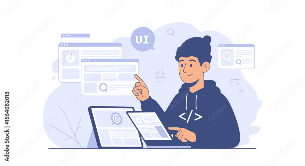 Poster illustrative young developer creating websites with multiple browser windows