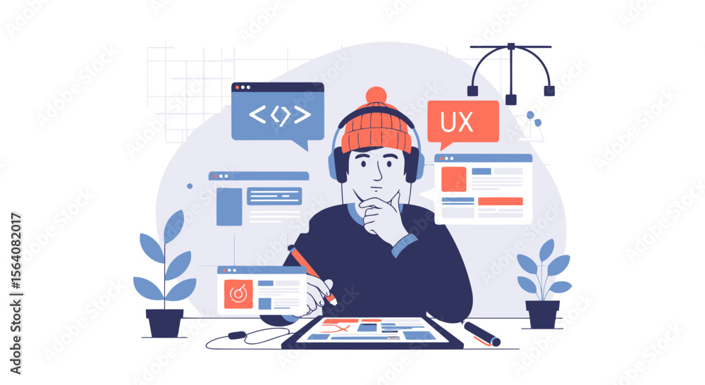 Poster innovative designer conceptualizing website interface and user experience design