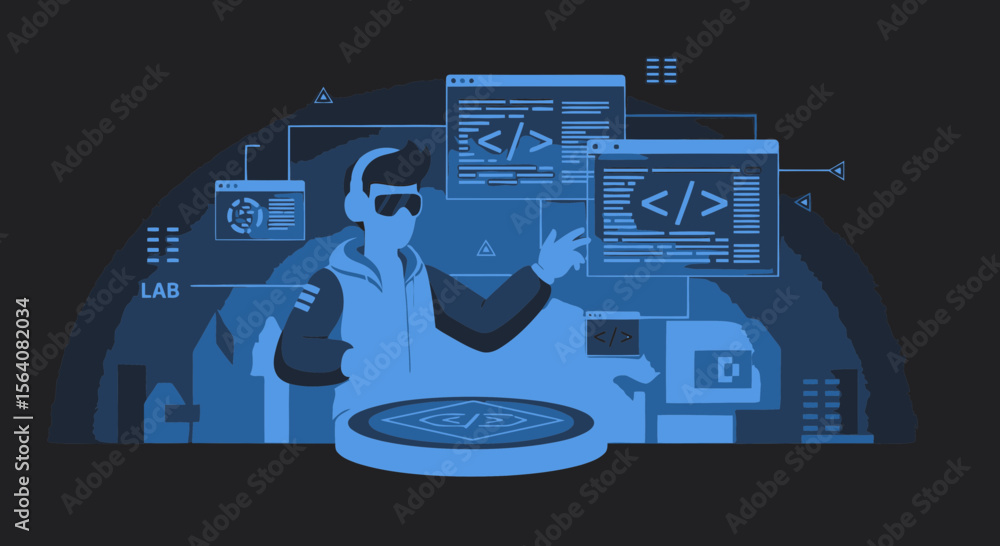 Poster immersive vr programming visualizing code in augmented reality environment illustration