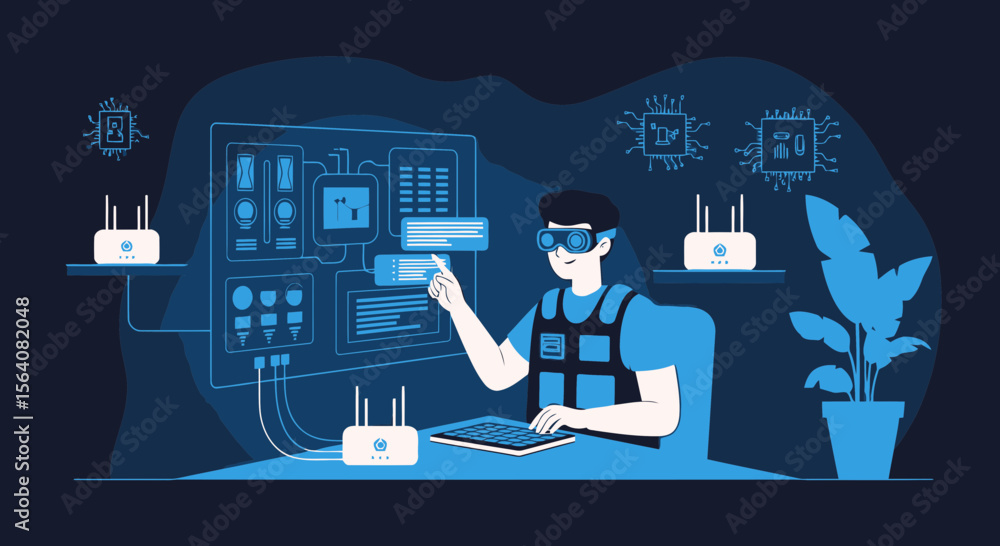 Aufkleber innovative developer using virtual reality glasses for network system administration