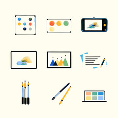 Set of different tablet and stylus watercolor icons. Flat images on white background. Vector illustration.