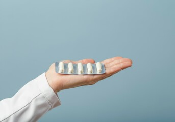 A hand holding a blister pack of capsules, illustrating medical treatment and pharmaceutical care in a clinical setting