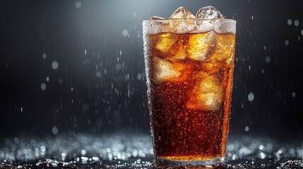 Refreshing cold drink with ice and bubbles under droplets in a dark background at a summer gathering