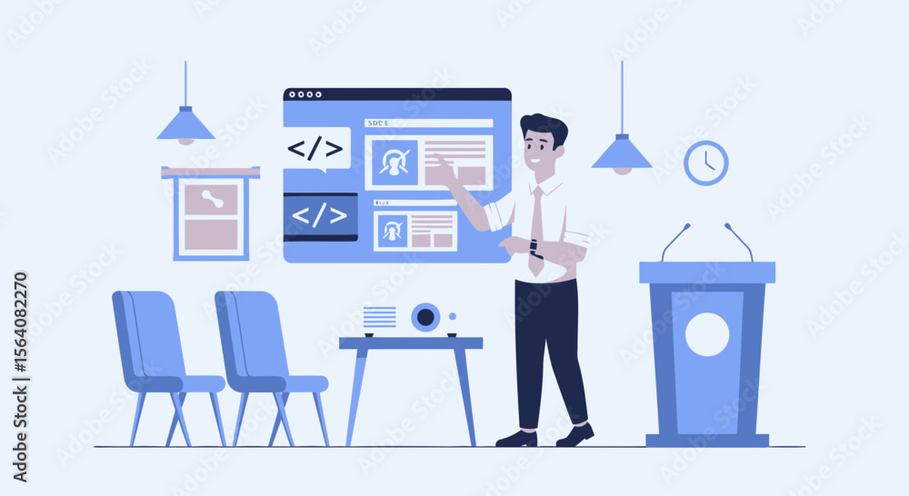 Poster male presenter explaining website code on screen at conference room setting vector