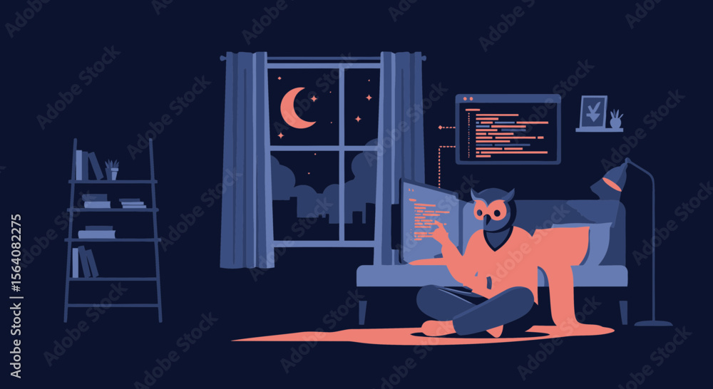 Poster late night coder with owl mask working on computer software at home