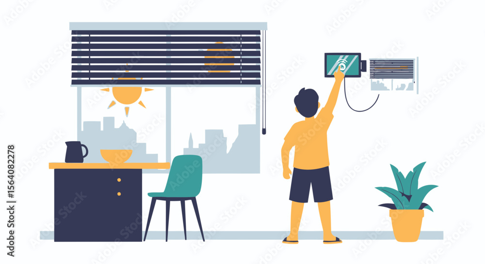 Poster man activating smart home system for automated window blinds and air conditioning