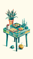 Picnic watercolor image. Flat style. Vector illustration.