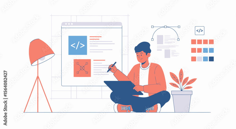 Poster man designing website layout interface and graphic elements for digital project