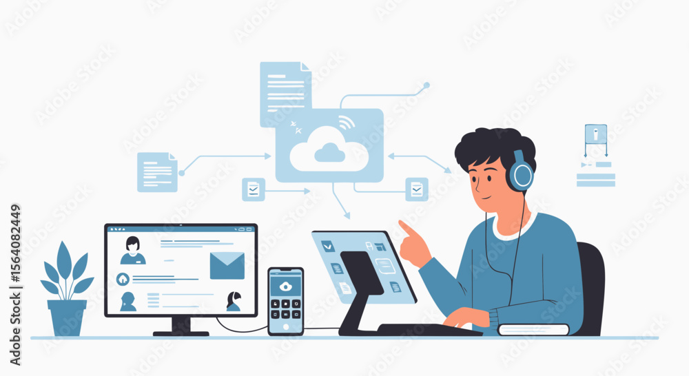 Poster man enjoying cloud computing technologies for digital communication and data exchange