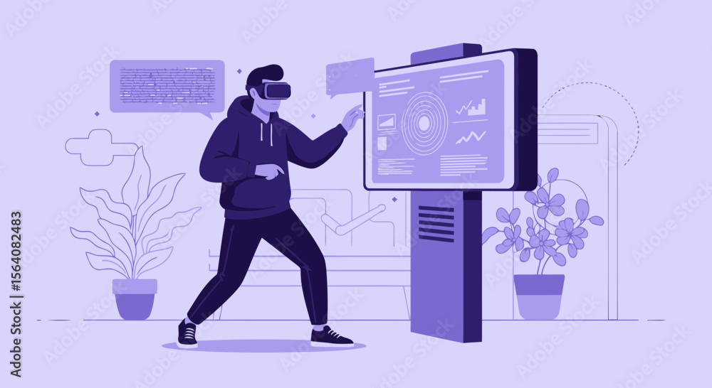 Poster Man Interacting With Augmented Reality Display In Futuristic Office Setup