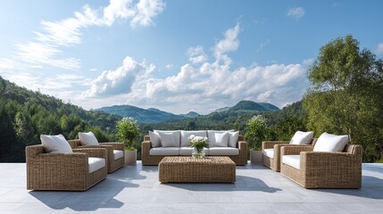 Outdoor Seating with Scenic Views. Wicker furniture arranged on a patio, offering a tranquil space with natural landscapes.